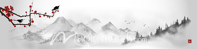 Sakura Branch and Mountains 7274 Wallpaper Wall Mural