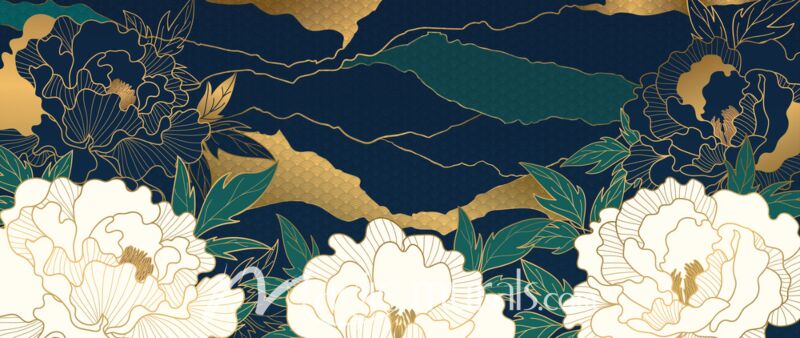 Golden Peonies w Landscape 0431 Wallpaper Wall Mural