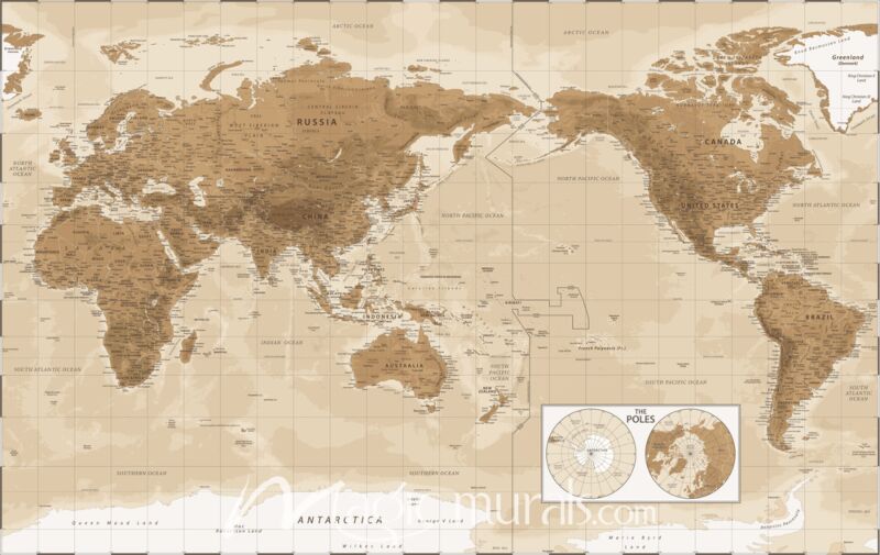 Pacific-Centered Physical World Map with Poles Illustrated Wallpaper Wall Mural