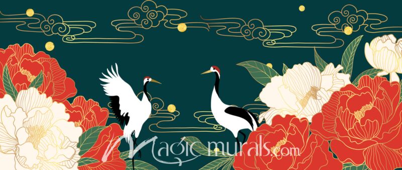 Lotus and Cranes on Green 1804 Wallpaper Wall Mural