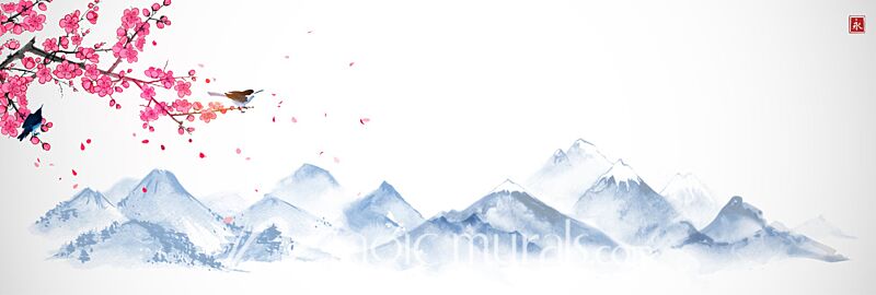 Cherry Blossoms and Mountains Ink Wash 5600 Wallpaper Wall Mural