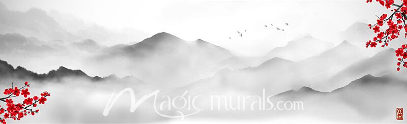 Mountains and Sakura Ink Wash Painting 0303 Wallpaper Wall Mural