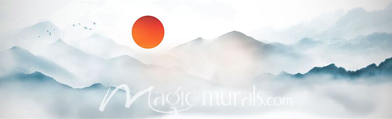 Mountains w Red Sun Ink Wash Painting 0326 Wallpaper Wall Mural