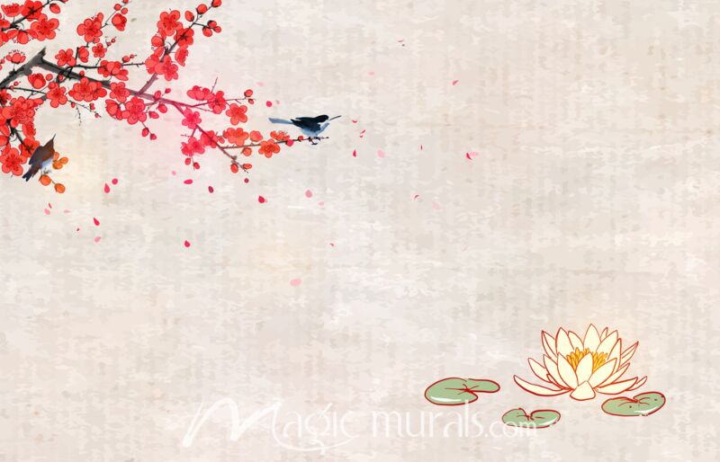 Sakura and Lotus Flowers on Grunge Background 4549 Wallpaper Wall Mural