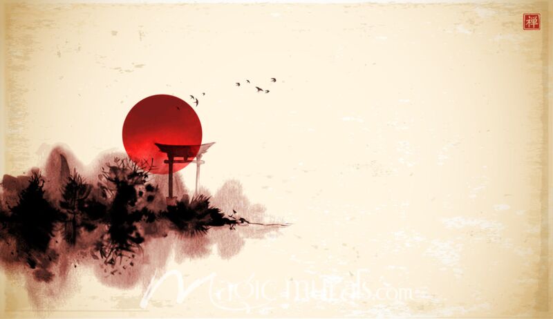 Japanese Torii Gate with Red Sun Ink Wash 1105 Wallpaper Wall Mural