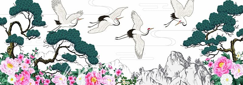 Japanese Cranes and Pines 0887 Wallpaper Wall Mural