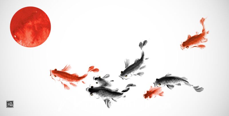 Koi Carp and Sun Ink Wash Painting 8979 Wallpaper Wall Mural