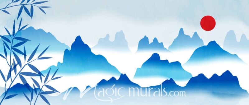 Blue Mountains Red Sun Ink Wash 4941 Wallpaper Wall Mural