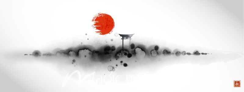 Japanese Torii Gate with Red Sun Ink Wash 7627 Wallpaper Wall Mural