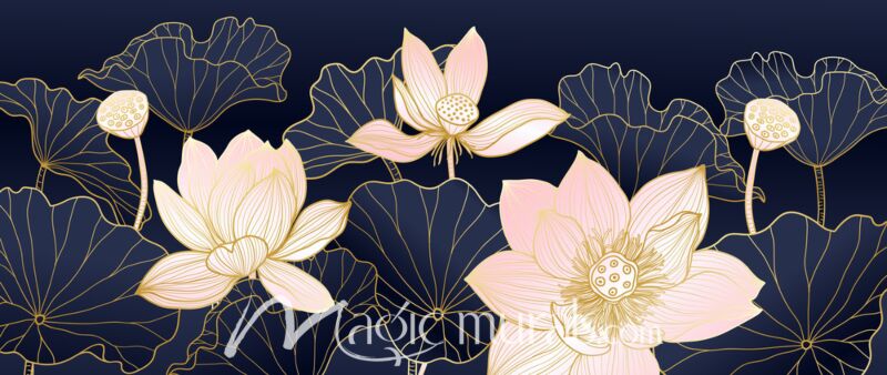 Pink Gold Lotus on Blue 1445 Wallpaper Wall Mural