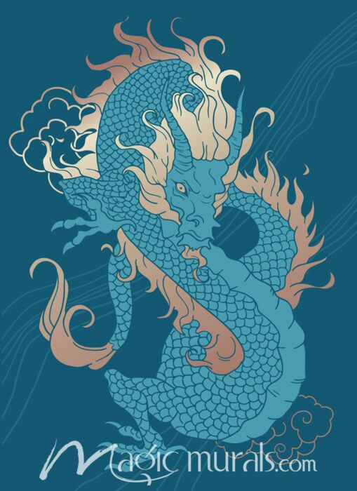 Japanese Dragon in Blue and Gold 4136 Wallpaper Wall Mural