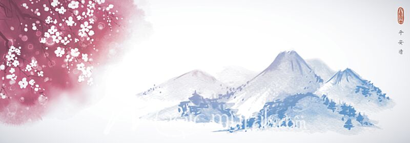 Sakura Blooms and Blue Mountain Ink Wash 3369 Wallpaper Wall Mural