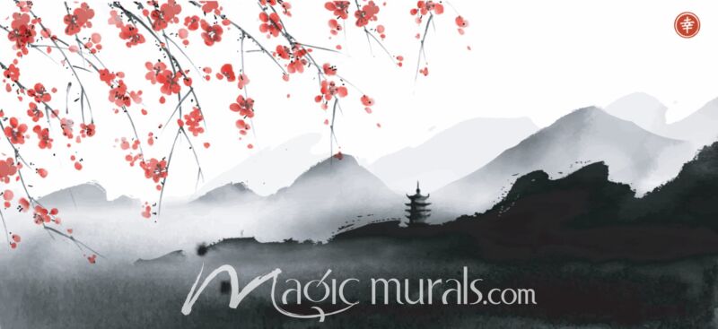 Sakura Blossoms and Pagoda Ink Wash 6959 Wallpaper Wall Mural