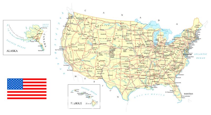 USA Map with Topography and Transport Routes Wallpaper Wall Mural