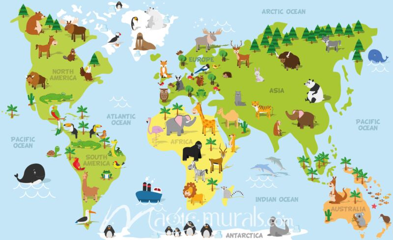 Kids World Map with Cartoon Animals Wallpaper Wall Mural