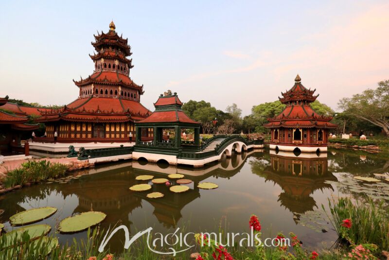 Bangkok Thailand Water Lily Garden Pagodas 7499 Wallpaper Wall Mural