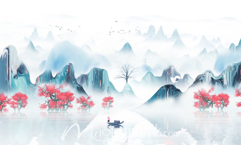 Asian Spring Landscape Ink Wash Painting 7000 Wallpaper Wall Mural