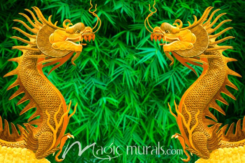 Golden Dragons on Bamboo Wallpaper Wall Mural