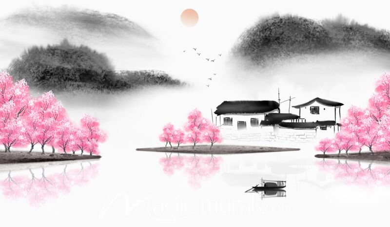 Modern Ink Wash Fishing Scene 6990 Wallpaper Wall Mural