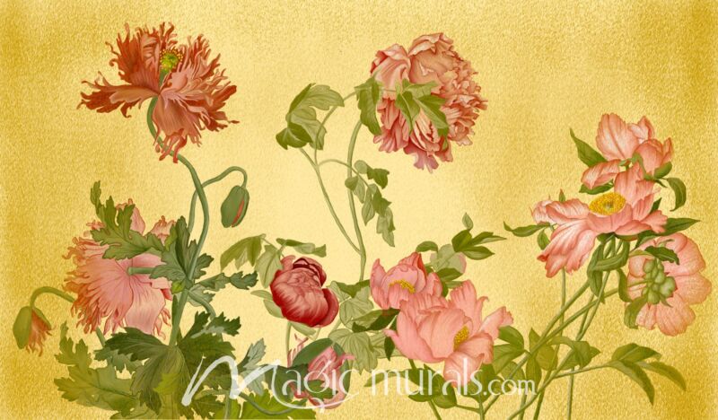 Vintage Peonies and Poppies on Gold 1521 Wallpaper Wall Mural