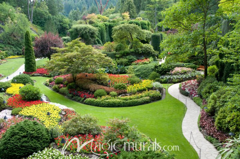 High quality wallpaper mural featuring Butchart Garden in British Columbia, Canada. A mural filled with spring flowers.