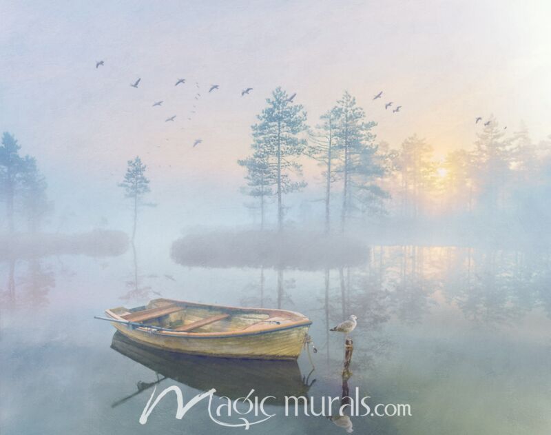 Lonely Lake Morning Rowboat Wallpaper Wall Mural