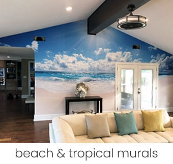 bright sunshine beach mural feature wall with vaulted ceiling